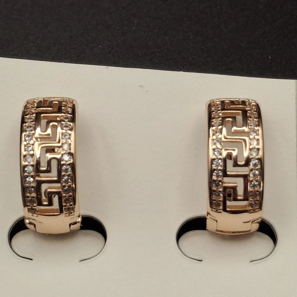 Rose Gold Greek Key Hoop Earrings with Crystals - Picture 2 of 4